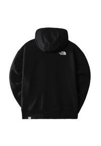 Sweat à capuche noir avec le logo The North Face en blanc sur le haut du dos et une petite étiquette de marque sur l'ourlet inférieur.