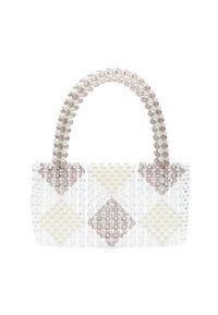 Borsa trasparente a perline con forma strutturata, caratterizzata da un motivo geometrico bianco e marrone chiaro, con manico arrotondato.
