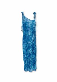 Ärmelloses blaues Kleid mit gewelltem Muster, leichtem Stoff und verstellbaren Bindebändern. Mittellang mit einem fließenden Design.