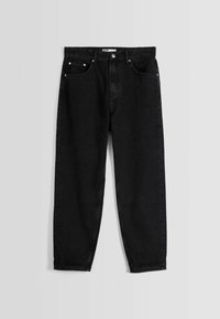 Jeans de mezclilla negra con un corte holgado, que cuentan con una bragueta de botones, cinco bolsillos y detalles de costura mínimos. Textura suave con un acabado mate.