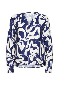 Langärmlige Bluse mit V-Ausschnitt, versehen mit einem wellenförmigen blau-weißen abstrakten Muster, aus strukturiertem Stoff gefertigt. Elastische Bündchen.