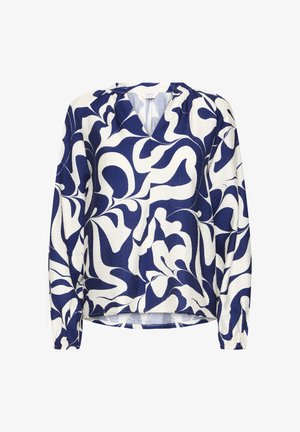 Long-sleeve blouse with a V-neck, featuring a wavy blue and white abstract pattern, made of textured fabric. Elasticated cuffs.