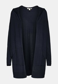 Marineblauwe cardigan met een ontspannen fit, zachte textuur, open voorkant, lange mouwen en zijzakken. Lichte gebreide stof.