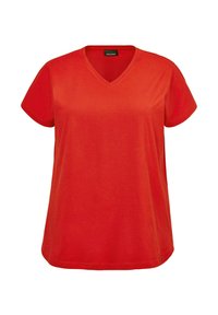 Rode katoenen T-shirt met V-hals, korte mouwen en een relaxte fit. Zachte textuur en rechte zoom, geschikt voor casual kleding.