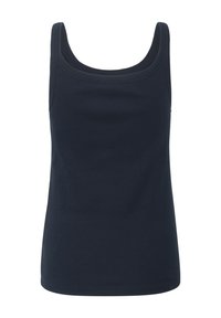 Navyblaues Tanktop aus geripptem Baumwollstoff. Mit rundem Ausschnitt und breiten Trägern. Glatte Textur, keine Muster oder Verzierungen.