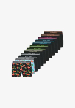 Multipack van herenboxers met een levendig afdruk van flamingo's en watermeloenen, naast effen zwarte ontwerpen met contrasterende taillebanden.