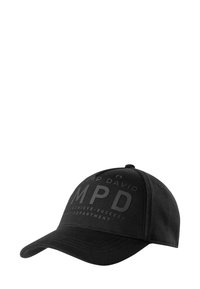 Black cap featuring a curved brim, made of fabric, with embossed "CAMP DAVID" and "MPD" text on the front. Subtle texture and no patterns.