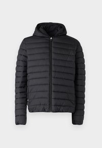 Veste matelassée noire à capuche avec un design matelassé, fermeture éclair frontale et poignets côtelés. Le matériau semble lisse et rembourré pour l'isolation.