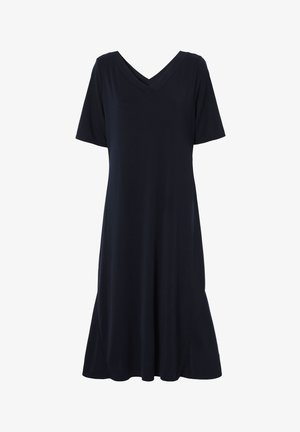 Navy blue, short-sleeved dress with a V-neck and a relaxed A-line silhouette. Smooth, soft fabric with no visible patterns or accents.
