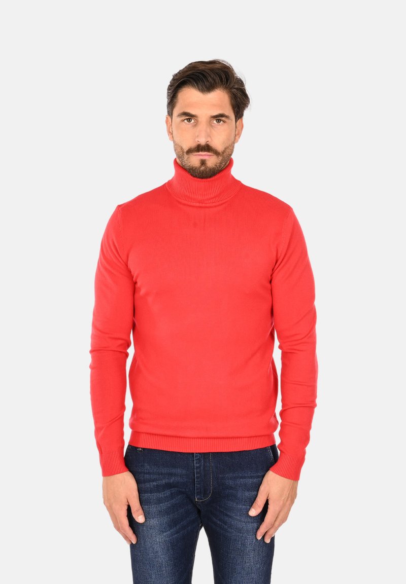 Maglione rosso a collo alto in un motivo a coste, design aderente con maniche lunghe, abbinato a jeans blu scuro. Tessuto morbido, senza dettagli aggiuntivi.