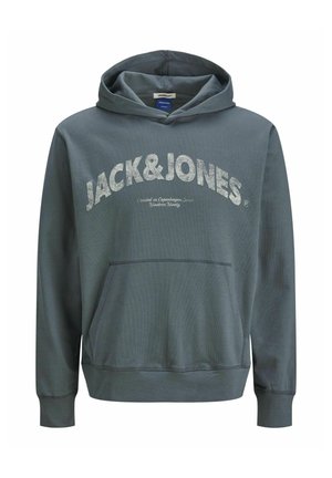 Hall hõlma, millel on eesmine tasku, ja millel on hele, tekstuuriga kiri "JACK&JONES" ning kapuuts, millel on nöörid. Puuvillane materjal.