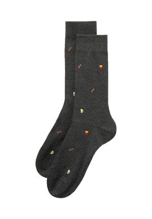Gray socks with food and drink-themed patterns, including chicken legs, fries, and beer, crafted from a soft, textured material.