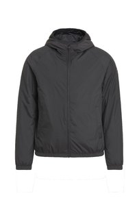 Giacca leggera nera con cappuccio, chiusura a zip frontale, polsini a costine e due tasche laterali. Tessuto liscio e leggermente lucido con una forma aderente.