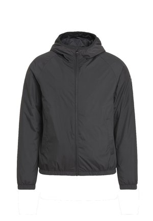 Giacca leggera nera con cappuccio, chiusura a zip frontale, polsini a costine e due tasche laterali. Tessuto liscio e leggermente lucido con una forma aderente.