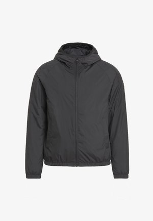 Giacca leggera nera con cappuccio, chiusura a zip frontale, polsini a costine e due tasche laterali. Tessuto liscio e leggermente lucido con una forma aderente.