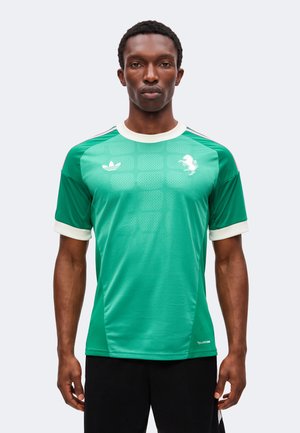 Mann trägt ein grünes kurzärmeliges Sporttrikot mit weißem Kragen und Logos auf der Brust, steht vor einem schlichten hellen Hintergrund.
