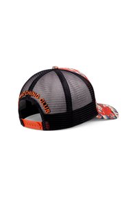 Black mesh baseball cap with a colorful brim featuring floral patterns and "WATCHING CLUB" embroidered in orange on the back.