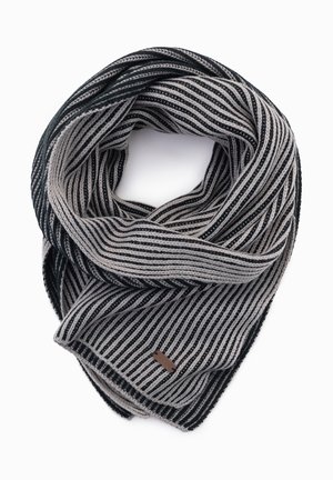 Sweter z wełny o naprzemiennych ciemnozielonych i szarych paskach. Charakteryzuje się miękką teksturą i małą brązową metką marki na wewnętrznej krawędzi.