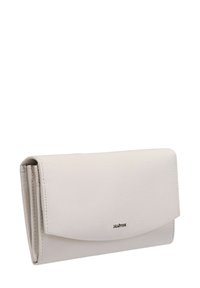 Portafoglio in pelle bianca con una texture liscia, design con pattina ripiegata e branding discreto. Presenta vari scompartimenti per l'organizzazione.