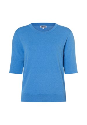 Blauer kurzärmeliger Strickpullover mit Rundhalsausschnitt und gerippten Bündchen, Saum und Halsausschnitt.