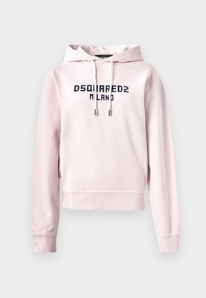 Pink cropped hoodie made of soft fabric, featuring a front graphic in navy that reads "DSQUARED2 MILANO". Adjustable drawstring at the hood.