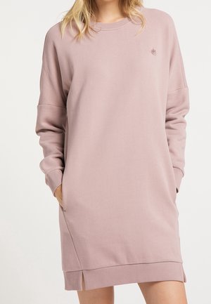 Rosa Sweatkleid mit langen Ärmeln aus weichem Stoff, Seiten pockets, gerippten Bündchen und kleinem Logo auf der Brust. Schmaler, lässiger Schnitt.