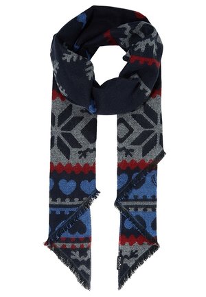 Ciemnoniebieski szalik z szarymi wzorami śnieżynek, czerwonymi zygzakowatymi paskami i niebieskimi sercami, z frędzlami na końcach i małą metką z logo.