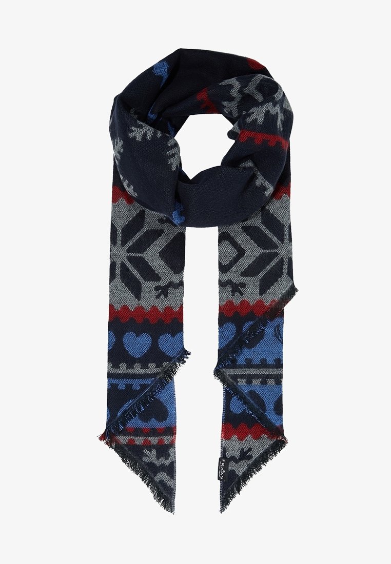 Écharpe bleu foncé avec des motifs de flocons de neige gris, des rayures zigzag rouges et des cœurs bleus, avec des extrémités à franges et une petite étiquette de marque.