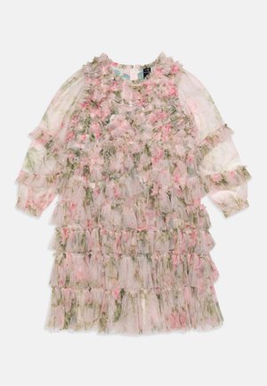 Long sheer pink dress with green and pink floral pattern, layered ruffles, and long puffed sleeves with ruffle details.