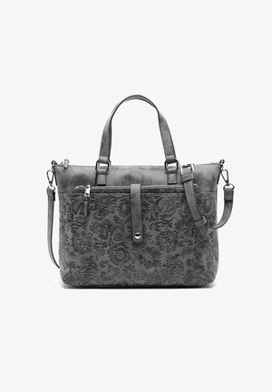 Sac à main gris avec motif floral embossé, deux poignées, bandoulière réglable, poche avant zippée et languette de fermeture à bouton-pression.