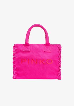 Rosa lærret tote bag med flettede sider og håndtak. Har preget "PINKO"-logo i matchende farge. Glatt tekstur, robust design.