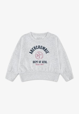 Светлосив детски суитчър с текст ""Abercrombie Dept of Athl Since 1892"" и червен кръгъл емблем на предната страна.