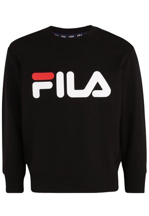 Schwarzer Sweatshirt mit Rundhalsausschnitt und großem weißen und roten FILA-Logo auf der Brust, mit gerippten Bündchen und Bund.
