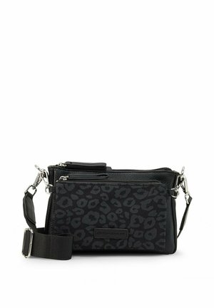 Sac bandoulière noir avec sangle large détachable et poche avant avec un motif léopard foncé et fermetures éclair.