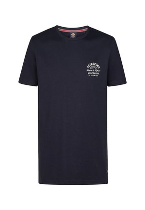 Marineblaue Baumwoll-T-Shirt mit kurzen Ärmeln und Rundhalsausschnitt, mit einem weißen Grafikdruck auf der linken Brustseite und subtilen Streifendetails.