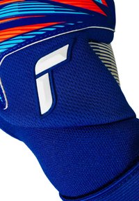 Close-up of blue sports glove with white and red accents, featuring a white stylized "T" logo on the wrist area.