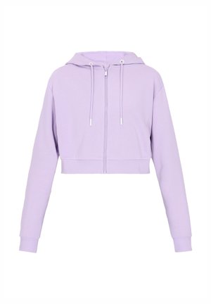 Skraćeni dukserica u svijetlopurpurnoj tkanini, sa prednjim patentnim zatvaračem, kapuljačom na vezanje i rebrastim manžetama i rubom. Glatka tekstura i ležeran dizajn.