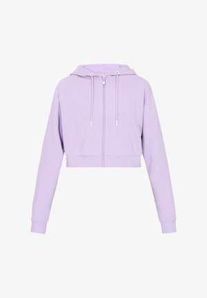 Világoslila anyagból készült crop hoodie, elülső cipzárral, húzózsinóros kapucnival, valamint bordázott mandzsettákkal és szegéllyel. Sima tapintású és laza stílusú.