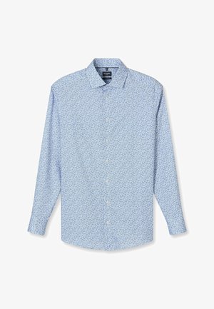 Hellblaues, langärmliges Hemd mit Knopfleiste, kleinem Paisley-Muster und klassischem Kragen, vor weißem Hintergrund präsentiert.