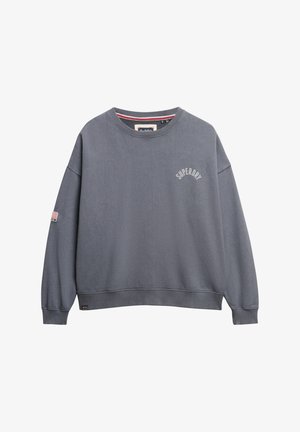 Sudadera gris con hombros caídos, cuello y puños de canalé. Logo "SUPERDRY" en blanco sobre el pecho. Etiqueta lateral con detalle del logo.