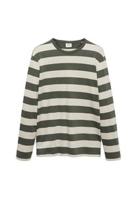 Langärmliges Crewneck-Shirt mit breiten horizontalen Streifen in wechselnden dunkelgrünen und hellbeigen Farben.