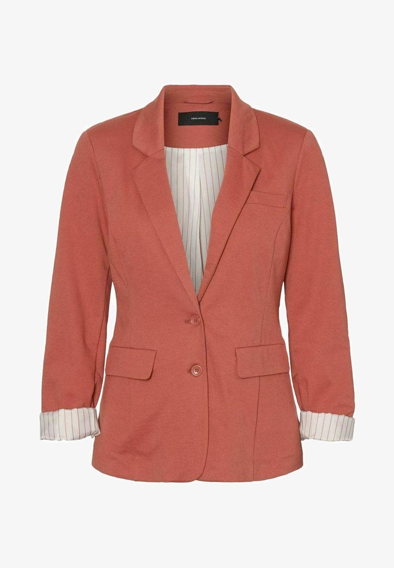 Blazer pour femmes de couleur rouille avec col cranté, deux boutons à l'avant, poches à rabat et poignets intérieurs rayés blancs avec doublure.