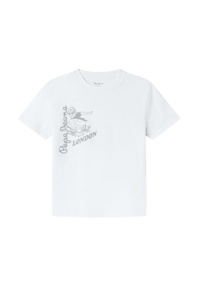 Camiseta de algodón blanca de manga corta, con un estampado en gris claro de un patinador y el texto "Pepe Jeans London".