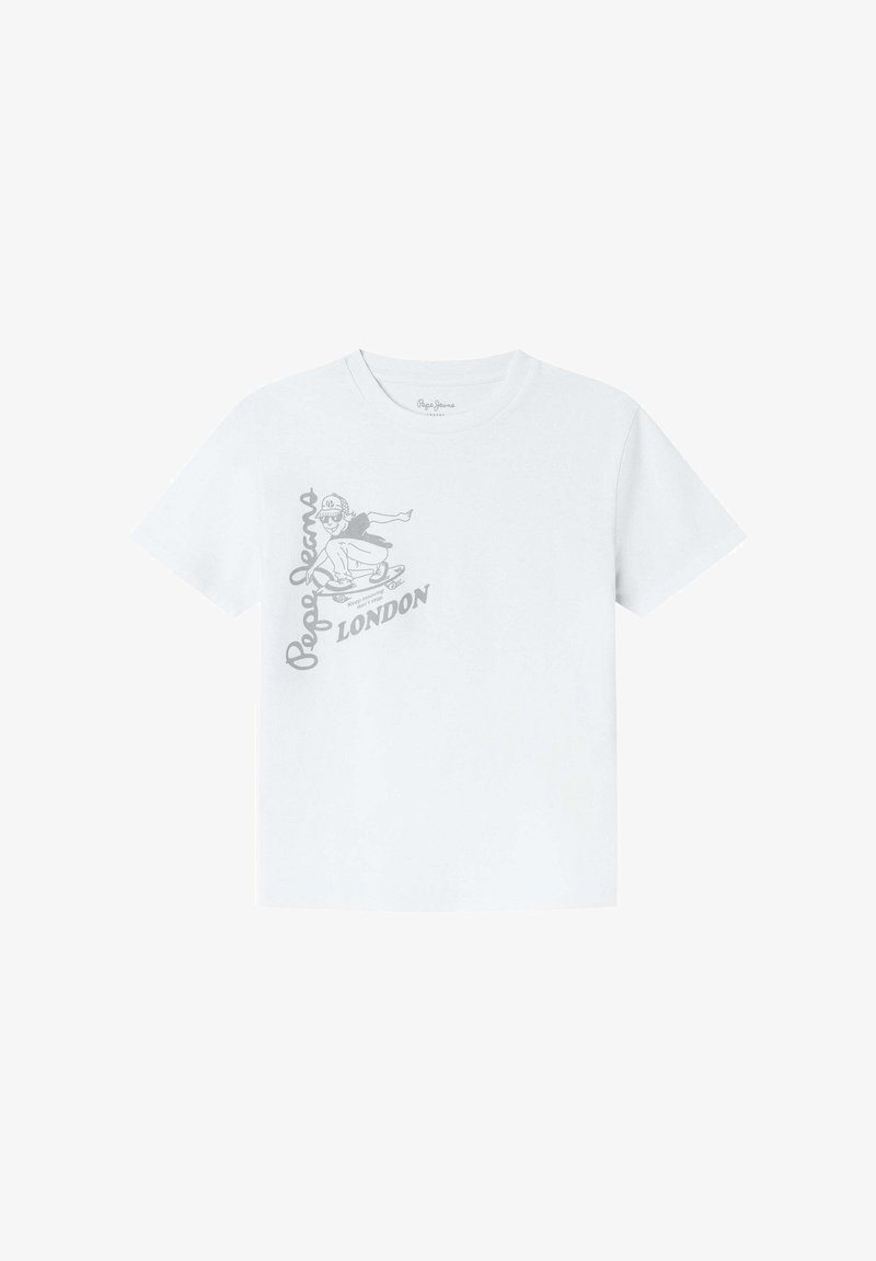 Camiseta de algodón blanca de manga corta, con un estampado en gris claro de un patinador y el texto "Pepe Jeans London".