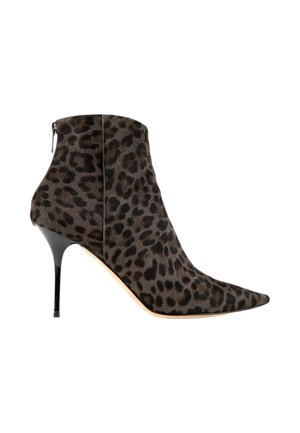 Ankle-high pointed toe boot with black stiletto heel and dark brown leopard print fabric upper, shown from the side.