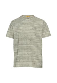 Lys grå kortærmet T-shirt med et vandret stribet mønster. Lavet af blødt stof, med en rund halsudskæring og et lille logo på brystet.