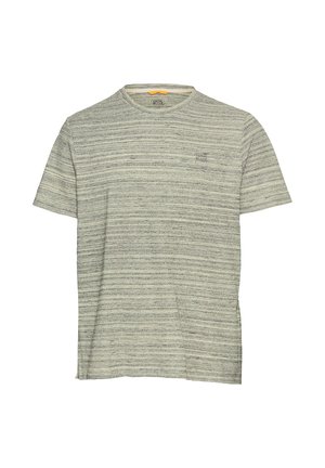 Light grey short-sleeve T-shirt with a horizontal striped pattern. Made of soft fabric, featuring a round neckline and a small logo on the chest.
