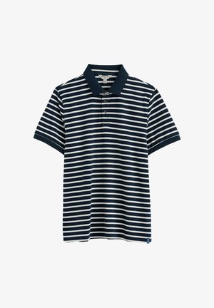 Polo de manga corta con rayas horizontales en azul marino y blanco, con cuello sólido azul marino y tres botones frontales.