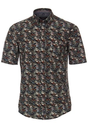 Miesten lyhythihainen nappipaita, jossa tumma tausta ja tiheä monivärinen kukkakuvio, edessä rintatasku.