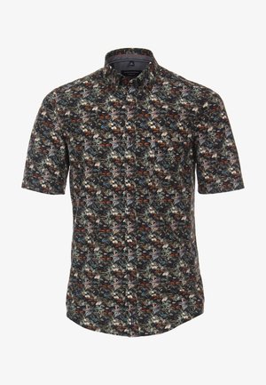 Męska koszula na krótki rękaw z ciemnym tłem i gęstym, wielokolorowym wzorem kwiatowym, z przednią kieszenią na piersi.